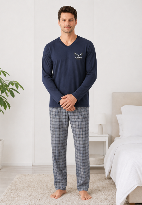 Pijama barbati Serena cu maneca lunga si pantalon lung -Bleumarin ,Engros