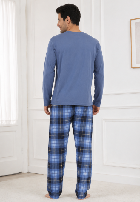 Pijama barbati Serena cu maneca lunga si pantalon lung-Albastru prafuit,Engros