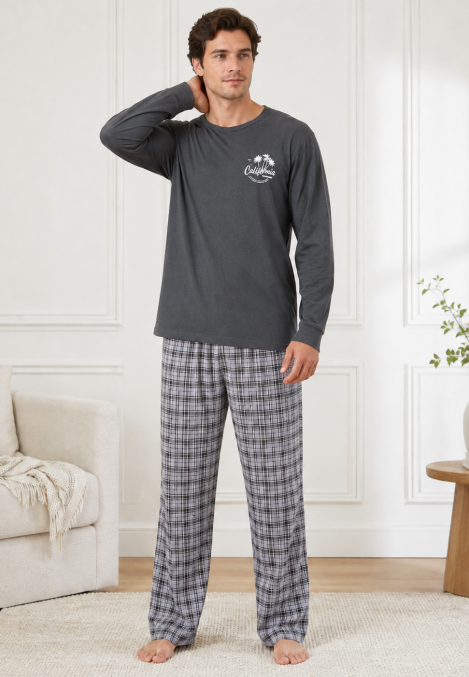 Pijama barbat Serena cu maneca lunga si pantalon lung-Gri, Engros