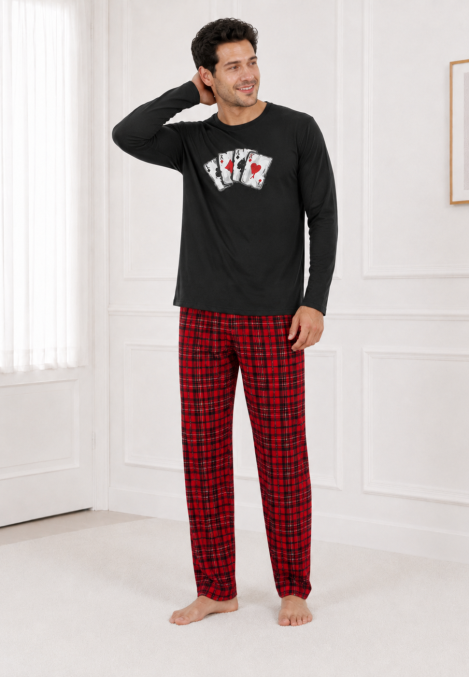 Pijama barbati Serena cu maneca lunga si pantalon lung- Negru,Engros