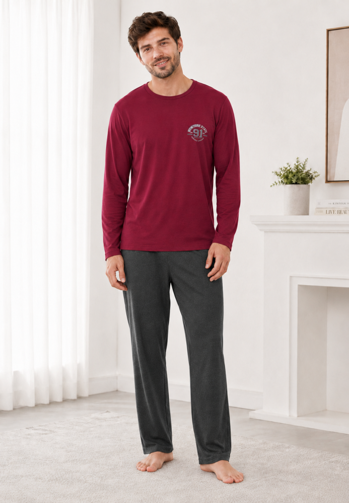 Pijama barbati Serena cu maneca lunga si pantalon lung- Bordo,Engros