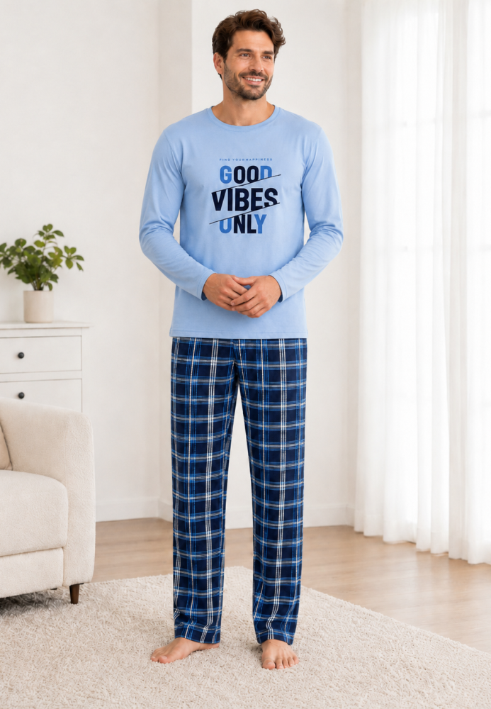 Pijama barbati Serena cu maneca lunga si pantalon lung- Bleu,Engros