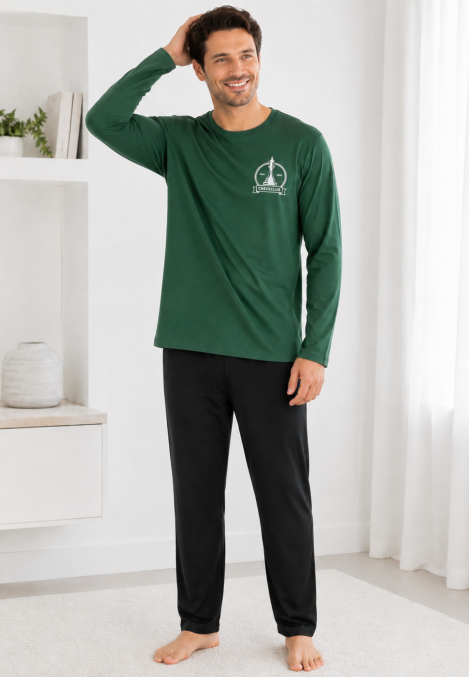 Pijama barbati Serena cu maneca lunga si pantalon lung-Verde,Engros