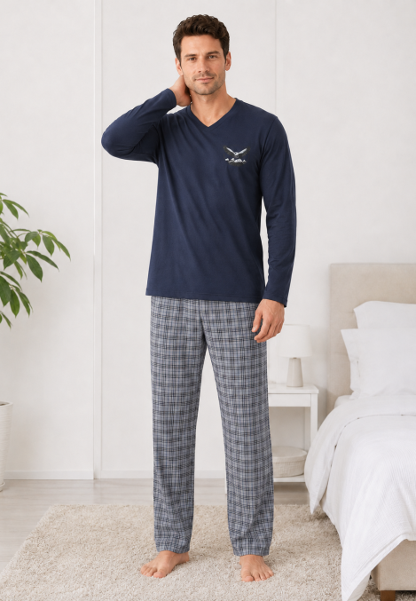Pijama barbati Serena cu maneca lunga si pantalon lung -Bleumarin ,Engros