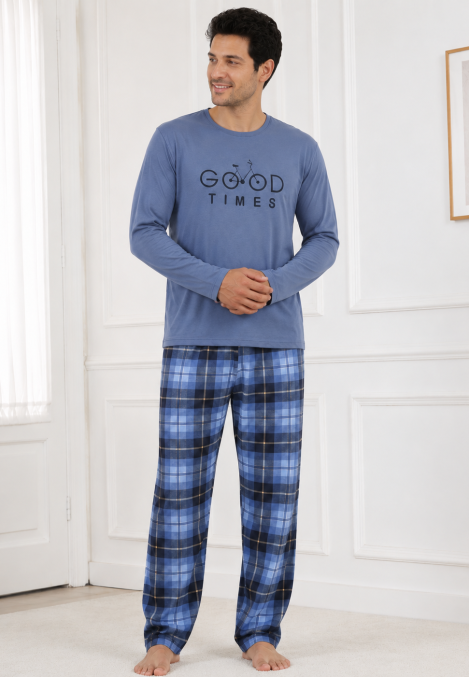 Pijama barbati Serena cu maneca lunga si pantalon lung-Albastru prafuit,Engros