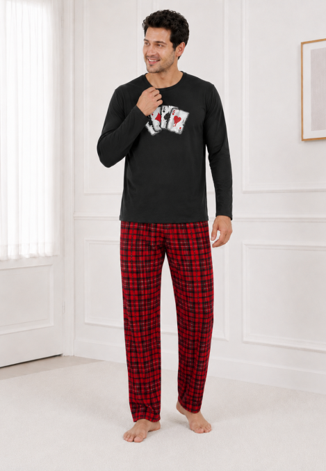 Pijama barbati Serena cu maneca lunga si pantalon lung- Negru,Engros