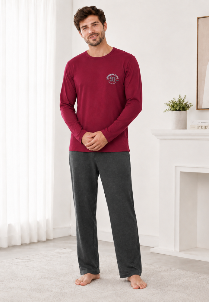 Pijama barbati Serena cu maneca lunga si pantalon lung- Bordo,Engros