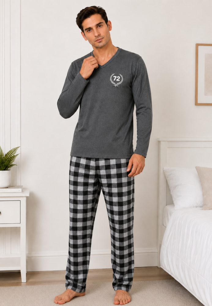Pijama barbat Serena cu maneca lunga si pantalon lung-Gri, Engros
