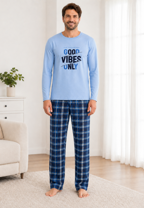 Pijama barbati Serena cu maneca lunga si pantalon lung- Bleu,Engros