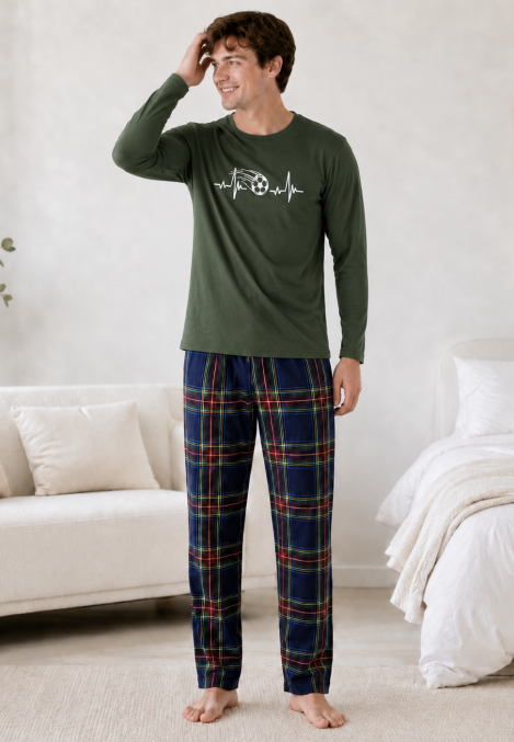 Pijama barbati Serena cu maneca lunga si pantalon lung-Kaki,Engros