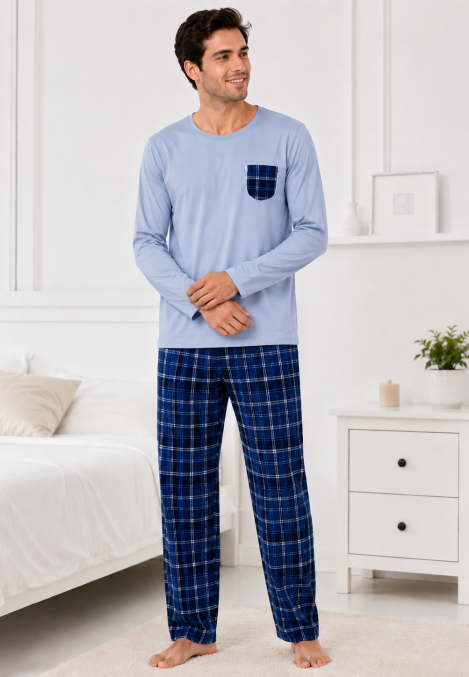 Pijama barbati Serena cu maneca lunga si pantalon lung-Bleu,Engros