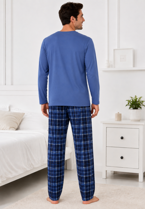 Pijama barbati Serena cu maneca lunga si pantalon lung-Albastru,Engros