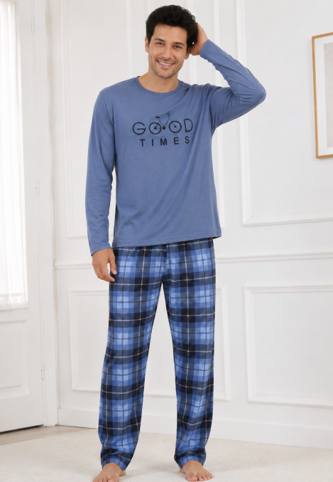 Pijama barbati Serena cu maneca lunga si pantalon lung-Albastru prafuit,Engros
