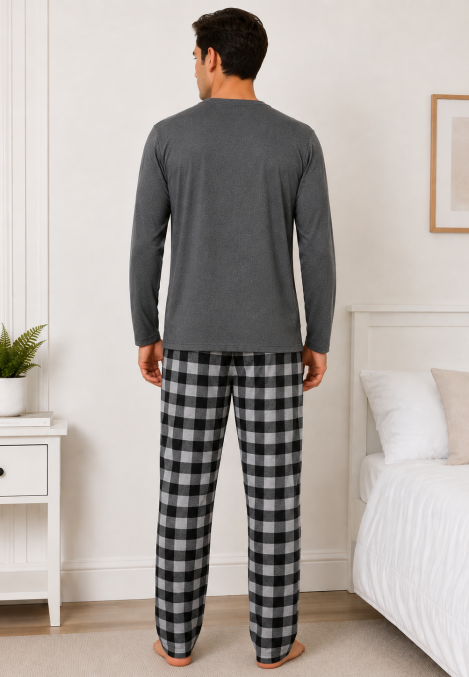Pijama barbat Serena cu maneca lunga si pantalon lung-Gri, Engros