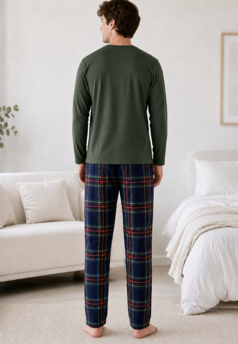 Pijama barbati Serena cu maneca lunga si pantalon lung-Kaki,Engros