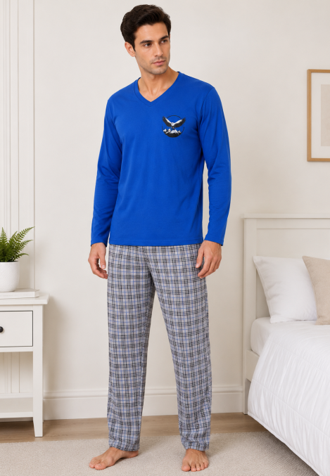 Pijama barbati Serena cu maneca lunga si pantalon lung-Albastru ,Engros