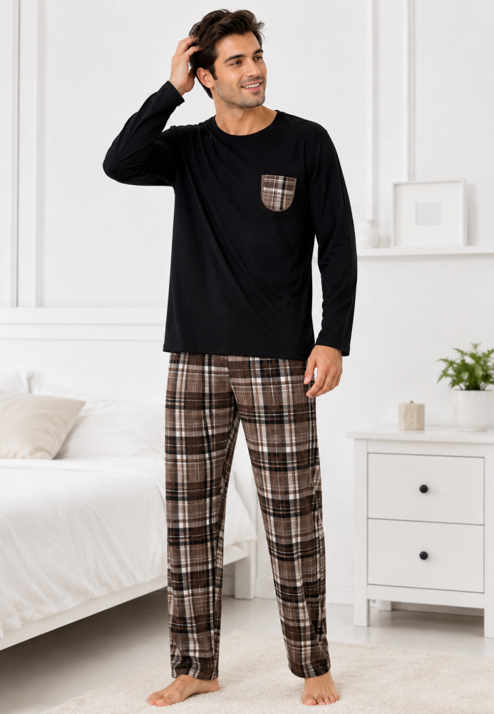 Pijama barbati Serena cu maneca lunga si pantalon lung-Negru,Engros