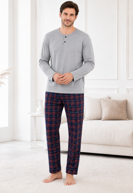 Pijama barbati Serena cu maneca lunga si pantalon lung-Gri,Engros