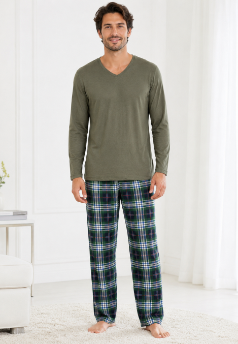 Pijama barbati Serena cu maneca lunga si pantalon lung-Kaki ,Engros