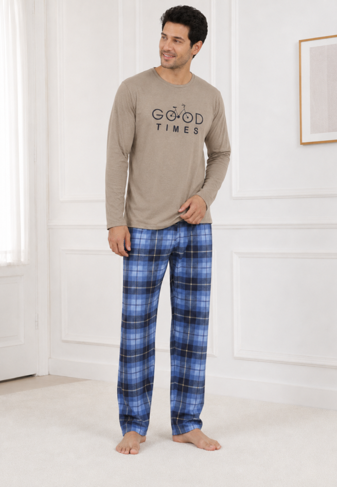 Pijama barbati Serena cu maneca lunga si pantalon lung-Bej ,Engros