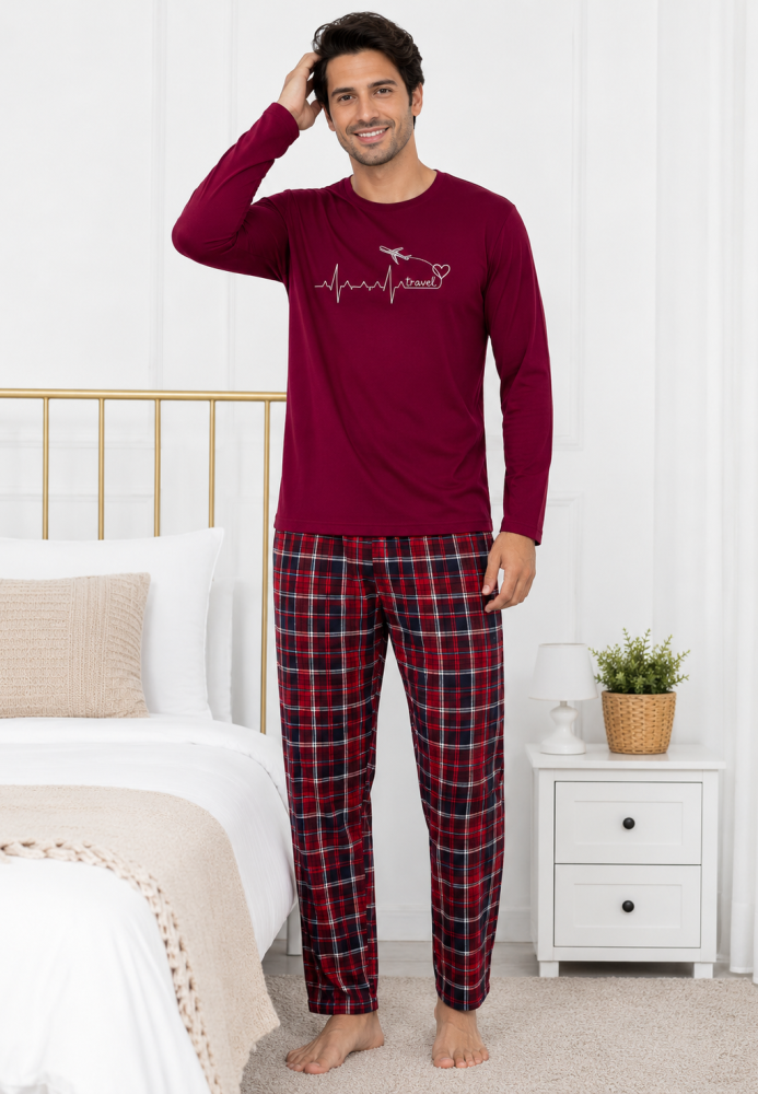 Pijama barbati Serena cu maneca lunga si pantalon lung-Bordo,Engros