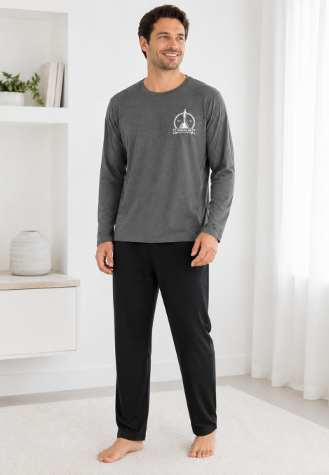 Pijama barbati Serena cu maneca lunga si pantalon lung-Gri ,Engros