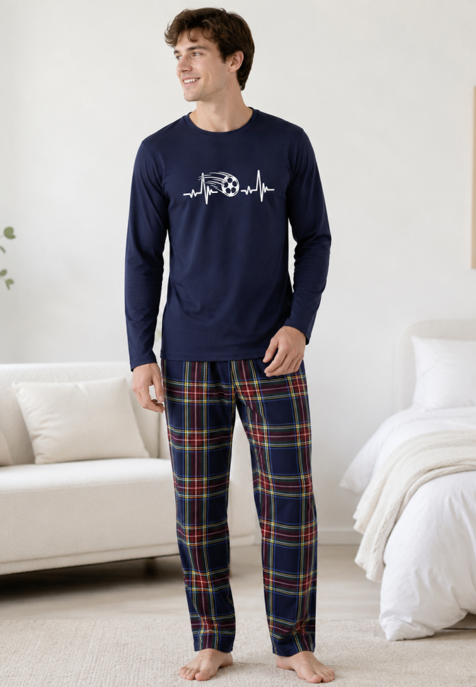 Pijama barbati Serena cu maneca lunga si pantalon lung-Bleumarin,Engros