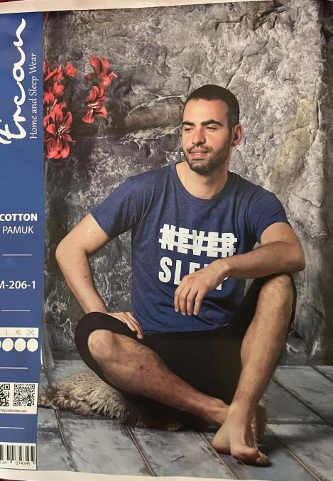 Pijama bărbați din bumbac –Tricou cu imprimeu alb- Bleumarin,Engros