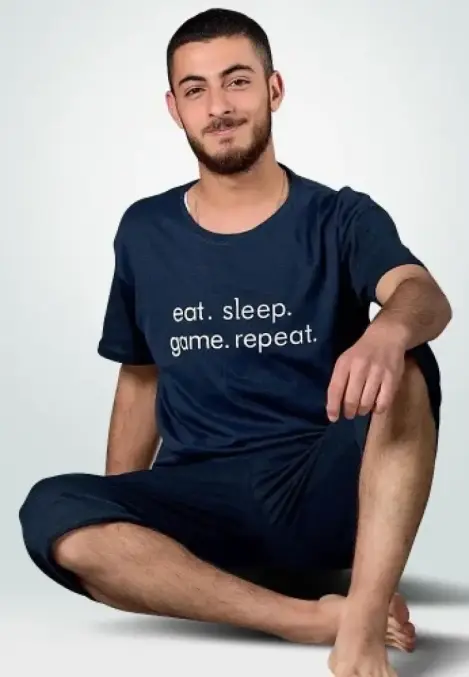 Pijama bărbați din bumbac –Tricou cu imprimeu alb- Neagra,Engros