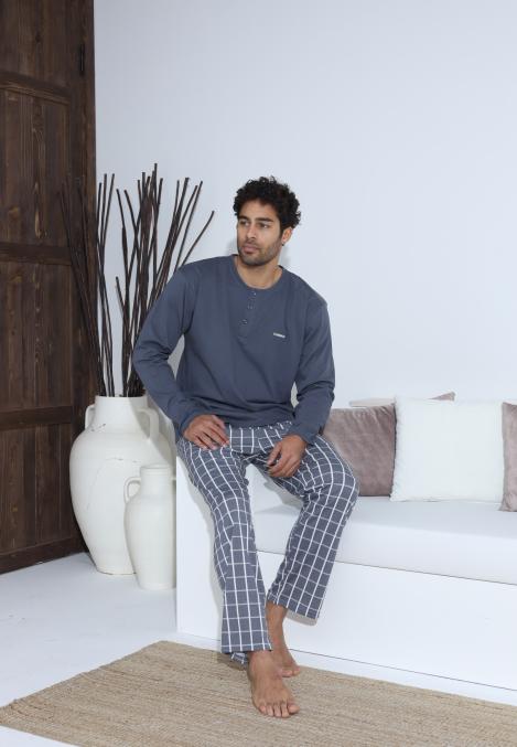 Pijama Barbati ,Maneca si Pantaloni Lungi,Culoare Albastru cu Gri ,Engros
