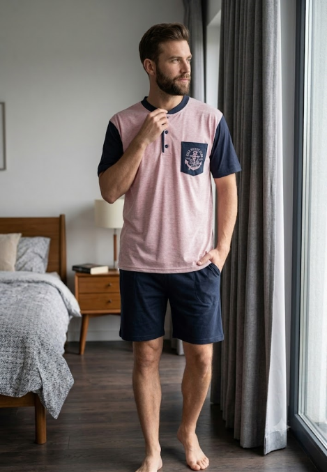Pijama bărbați din bumbac, mânecă scurtă și pantaloni scurti- culoare roz,Engros
