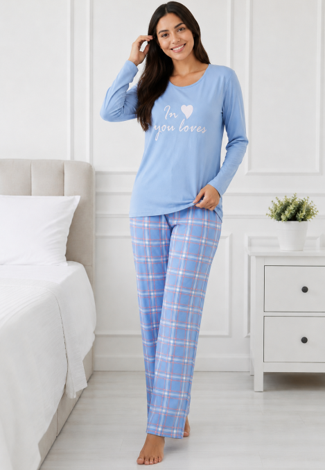 Pijama de damă cu bluză cu maneca lunga și pantaloni-bleu,Engros