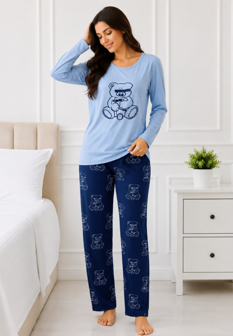 Pijama de damă cu bluză cu maneca lunga și pantaloni-Bleu,Engros