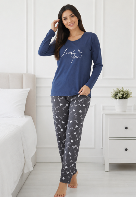 Pijama de damă cu bluză cu maneca lunga și pantaloni-bleumarin,Engros