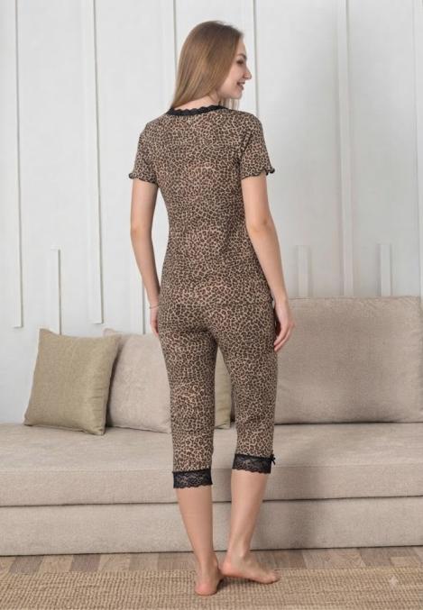 Pijama dama Engros, Model leopard, Mânecă scurtă, Pantaloni 3/4