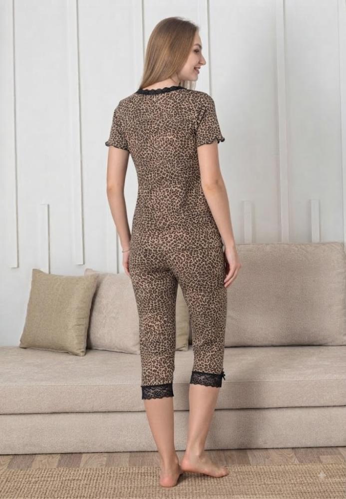 Pijama dama Engros, Model leopard, Mânecă scurtă, Pantaloni 3/4