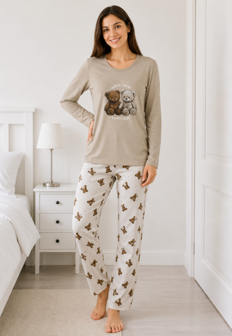 Pijama de damă cu bluză cu maneca lunga și pantaloni lung -Bej ,Engros
