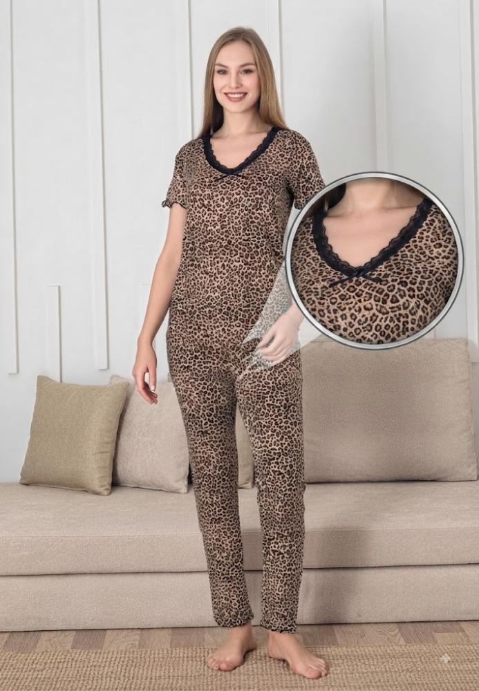 Pijama dama Engros, Model leopard, Mânecă scurtă, Pantaloni lungi,