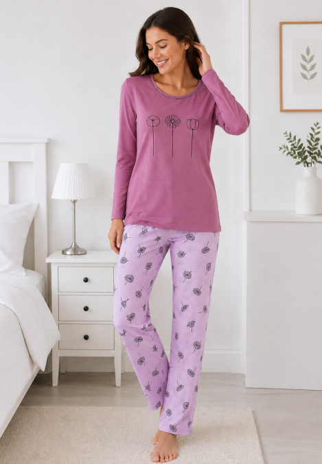 Pijama de damă cu bluză cu maneca lunga și pantaloni lung -Mov ,Engros