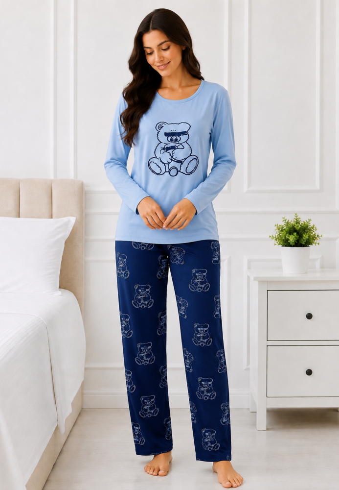 Pijama de damă cu bluză cu maneca lunga și pantaloni-Bleu,Engros