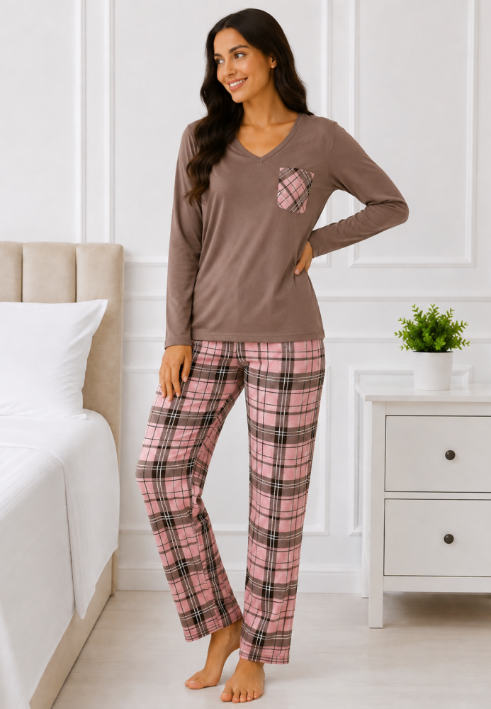 Pijama de damă cu bluză cu maneca lunga și pantaloni-Maro,Engros