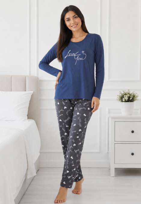Pijama de damă cu bluză cu maneca lunga și pantaloni-bleumarin,Engros