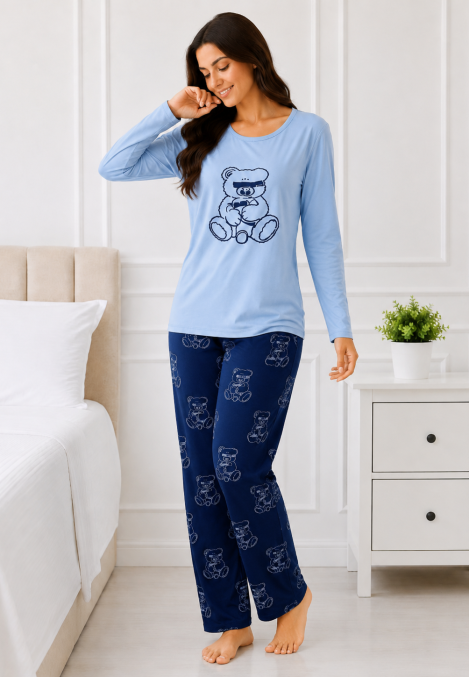 Pijama de damă cu bluză cu maneca lunga și pantaloni-Bleu,Engros