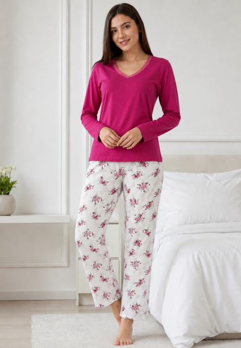 Pijama de damă cu bluză cu maneca lunga și pantaloni - Siclam ,Engros