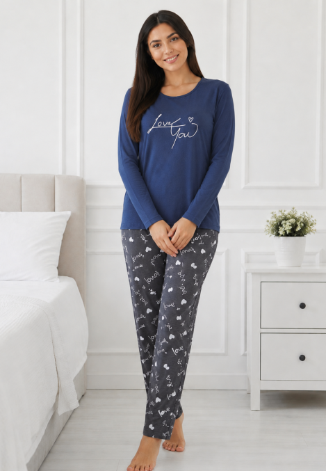 Pijama de damă cu bluză cu maneca lunga și pantaloni-bleumarin,Engros