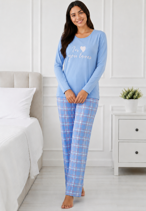 Pijama de damă cu bluză cu maneca lunga și pantaloni-bleu,Engros