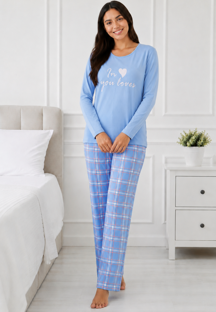 Pijama de damă cu bluză cu maneca lunga și pantaloni-bleu,Engros