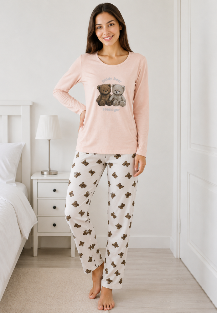 Pijama de damă cu bluză cu maneca lunga și pantaloni lung -roz pudra ,Engros