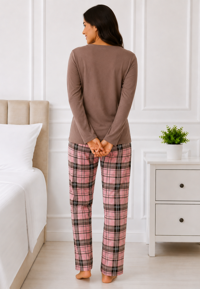 Pijama de damă cu bluză cu maneca lunga și pantaloni-Maro,Engros
