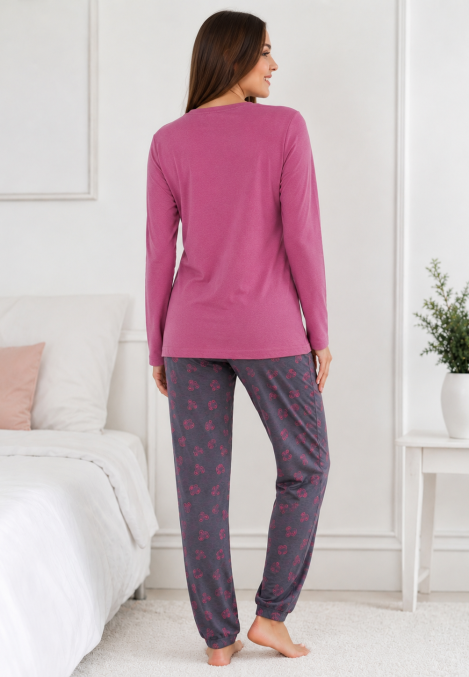 Pijama de damă cu bluză cu maneca lunga și pantaloni -Roz inchis,Engros